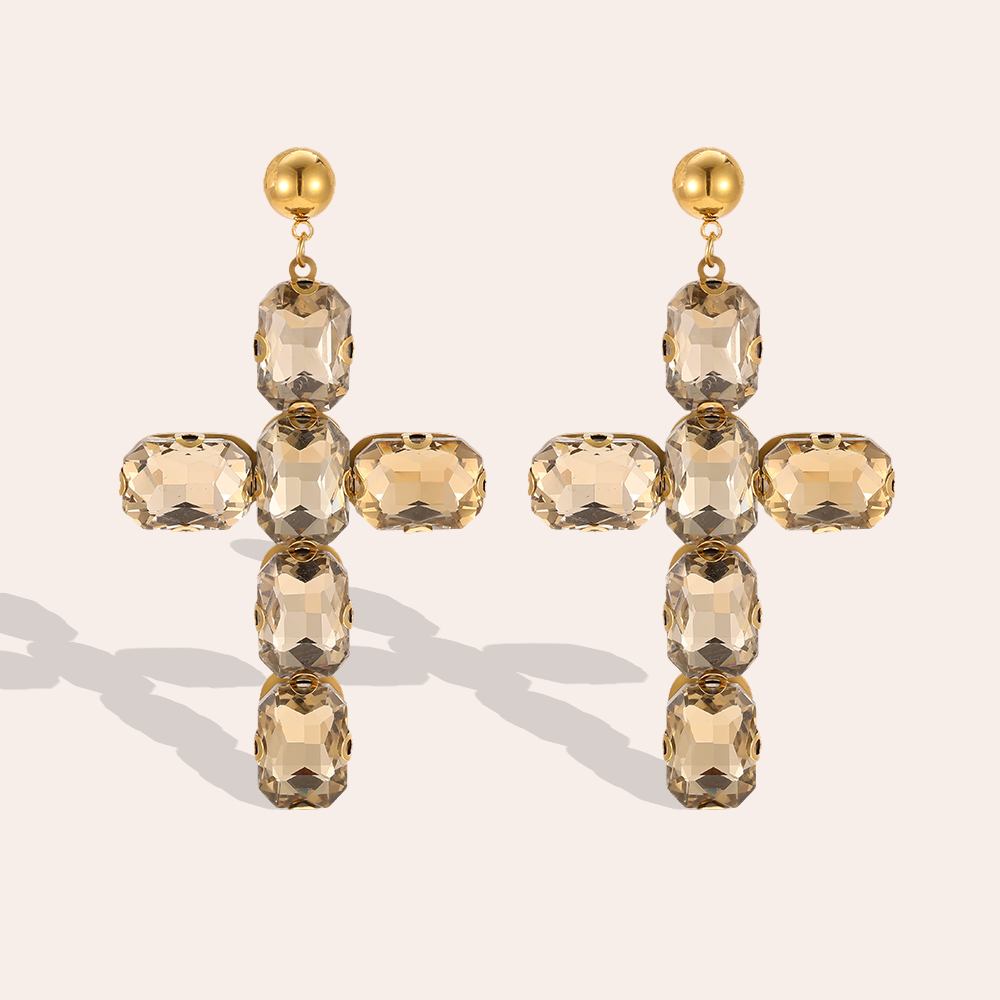 Stainless steel earrings, 70 mm, glass crystal cross 