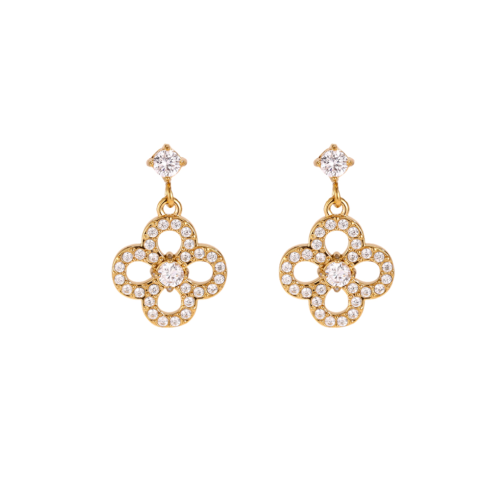 Stainless steel earrings, 20 mm, cubic zirconia, four-leaf clover  
