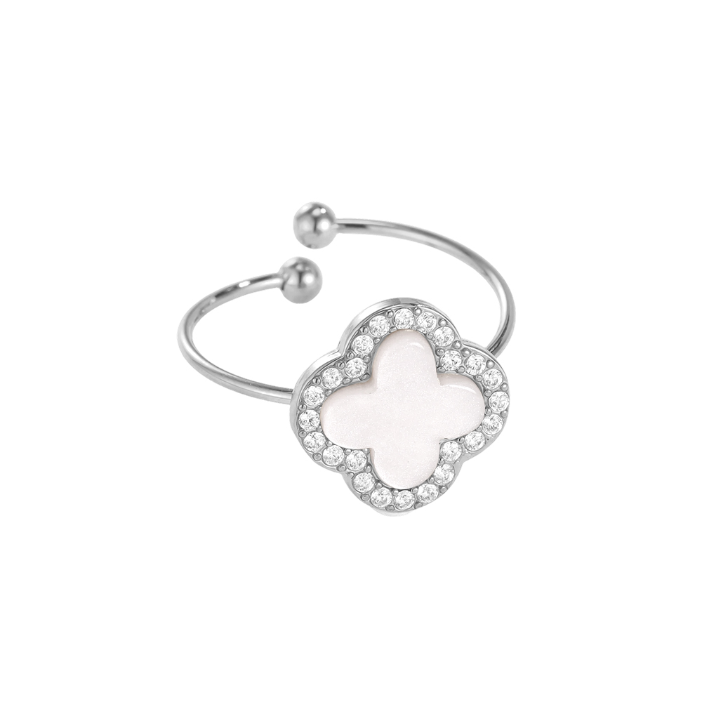 Stainless steel ring with an adjustable acrylic shamrock and a zirconia border