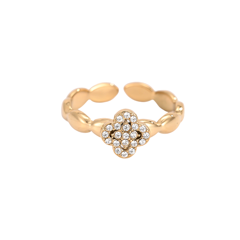 Stainless Steel Ring, Adjustable, Single Cloverleaf Zirconia 