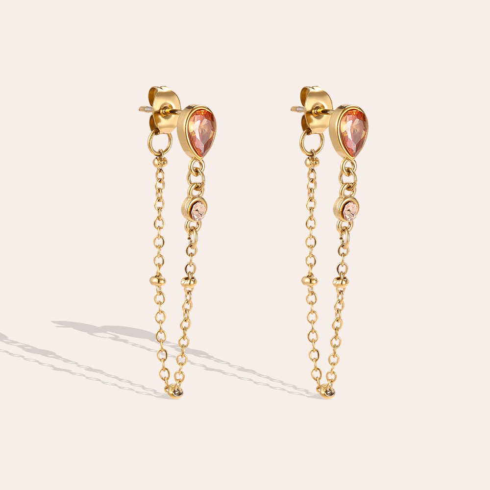 Stainless steel earrings, 5 x 35 mm teardrop-shaped cubic zirconia with chain
