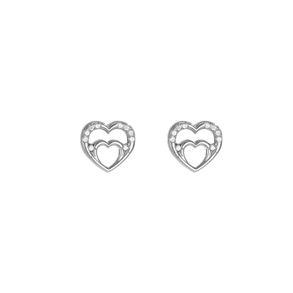 Stainless steel earrings, 10 mm, open heart, cubic zirconia