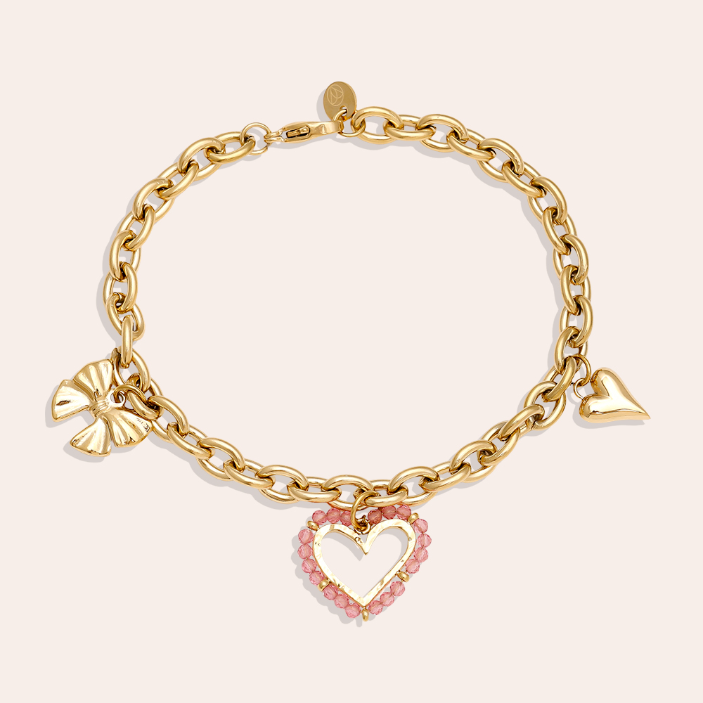 Stainless steel bracelet 17cm Pink Heart And Charms