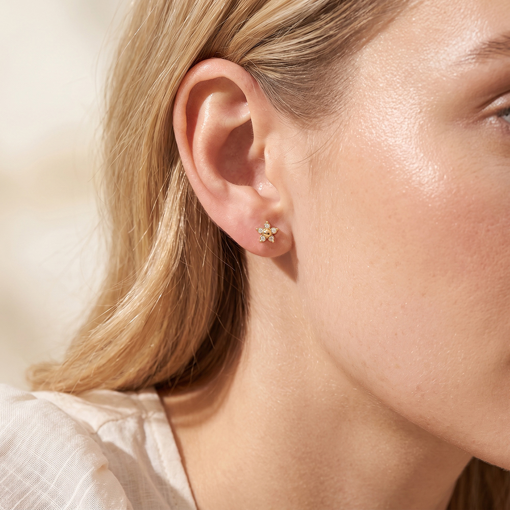 Stainless steel earrings, 6mm cubic zirconia flower