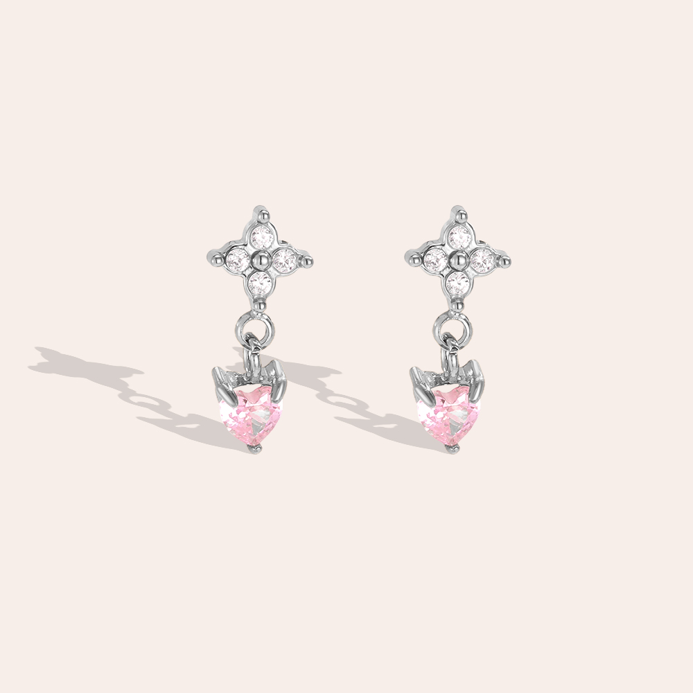 Stainless steel earrings, 11mm, mini cubic zirconia, flower, cloverleaf and heart shapes