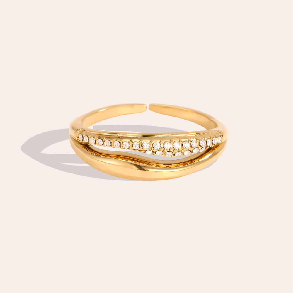 Stainless Steel Ring, Adjustable, with Double Zirconia