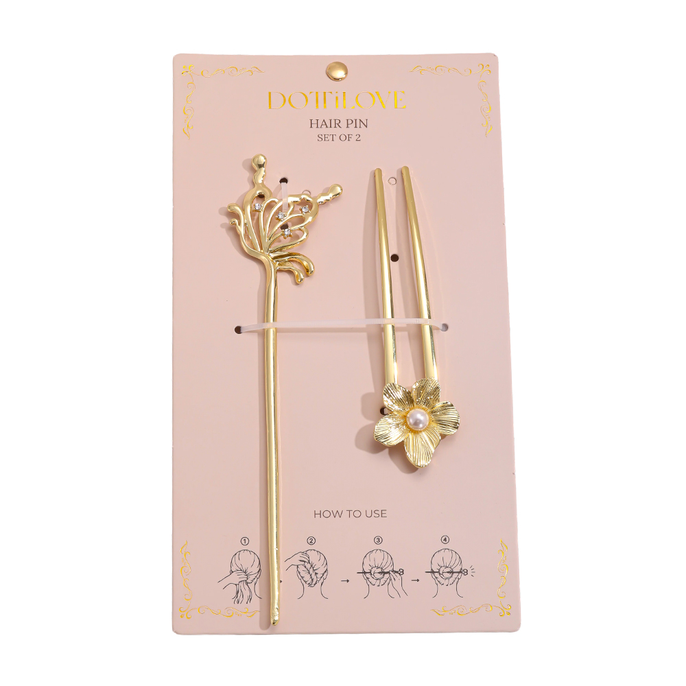 12.5 cm, set of 2 gold flower hairpins 