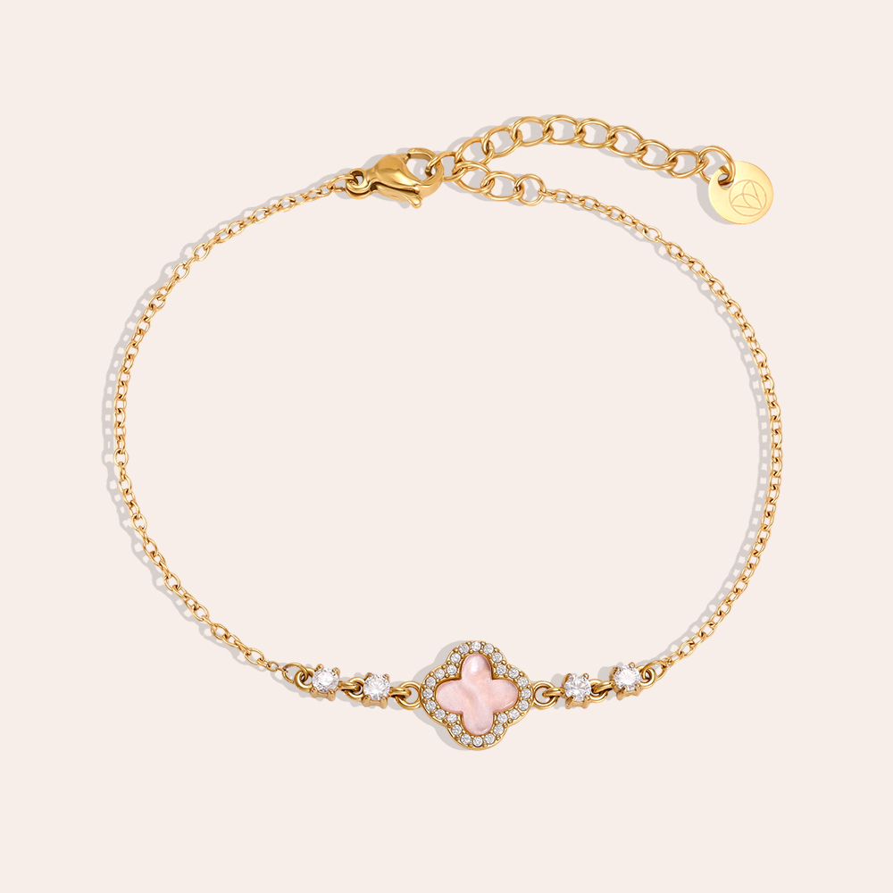 Stainless steel bracelet, 17 cm, with an acrylic shamrock featuring a zirconia border