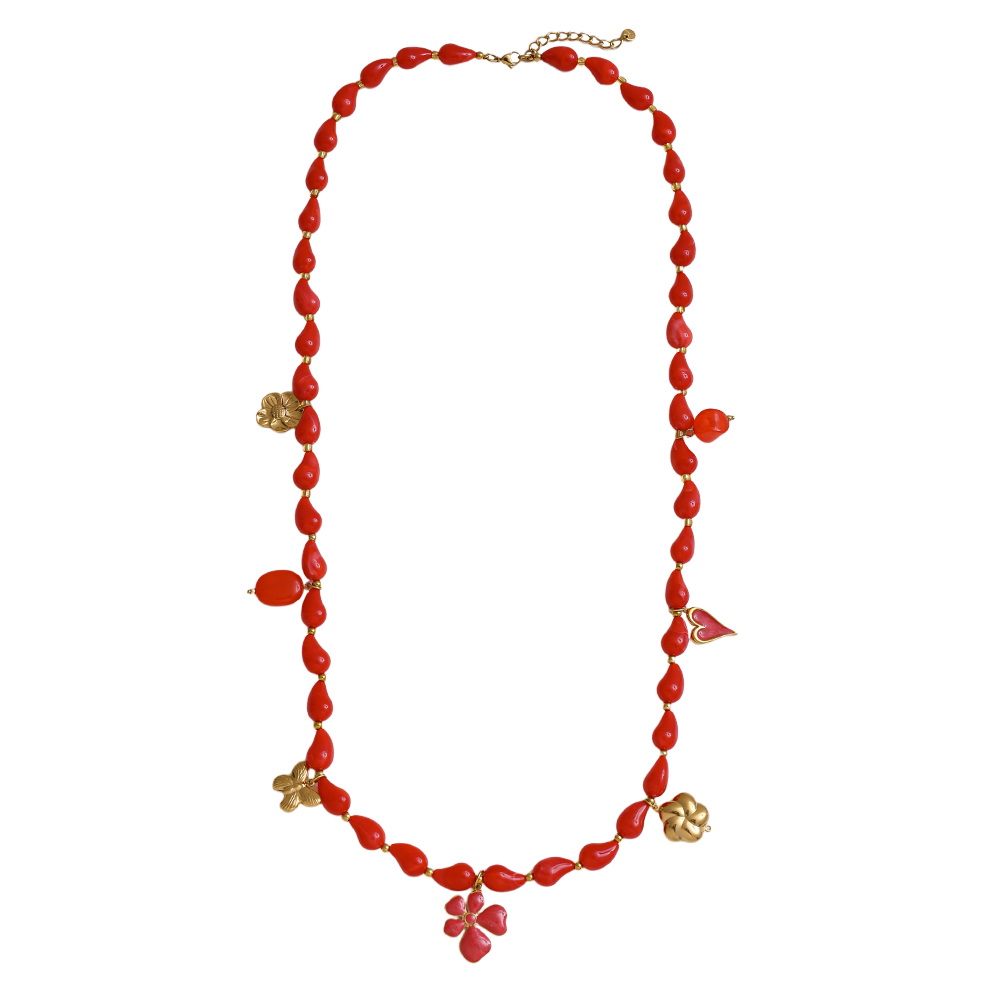 Stainless steel necklace 89cm necklace with resin drops and golden butterfly, flower, heart