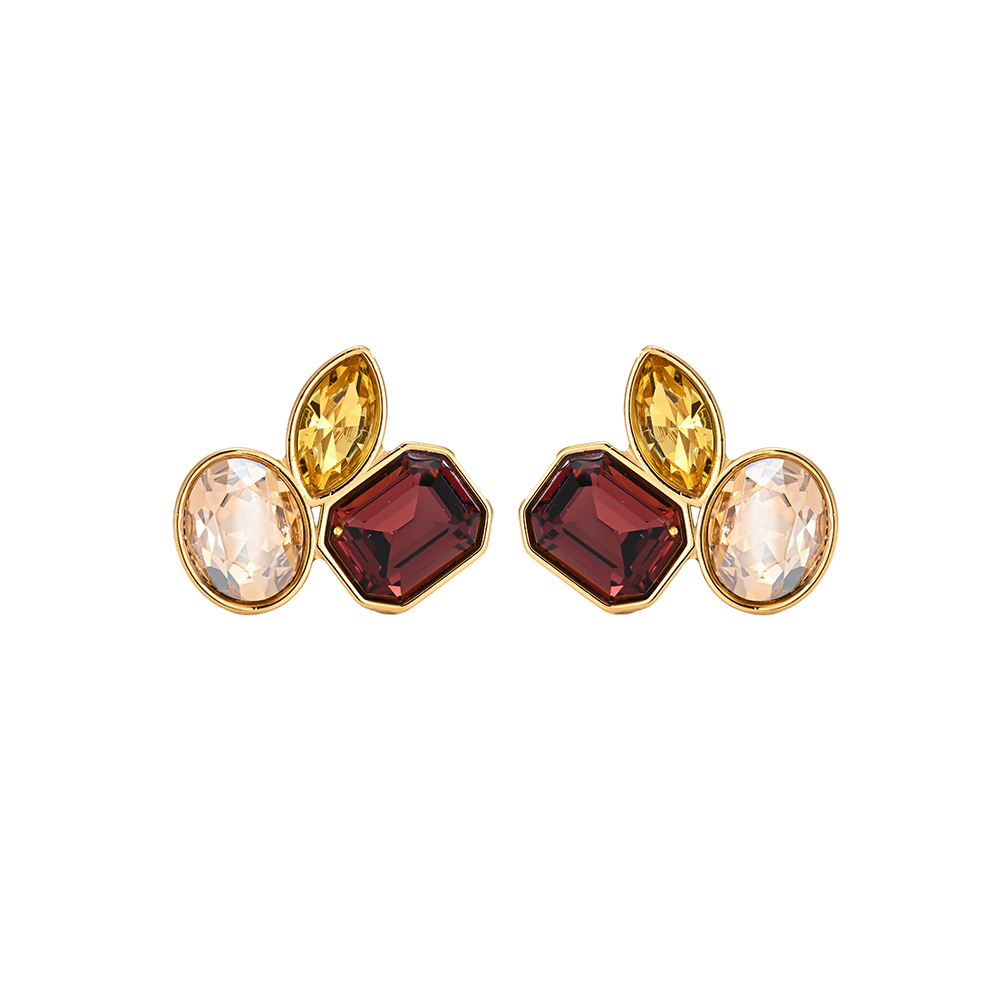 Stainless steel earrings, 21×22 mm, with three glass stones in different colours 