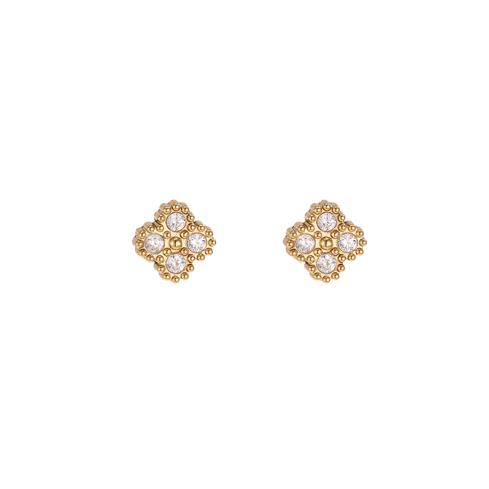 Stainless steel earrings, 8mm, with delicate cubic zirconia in a cloverleaf design  