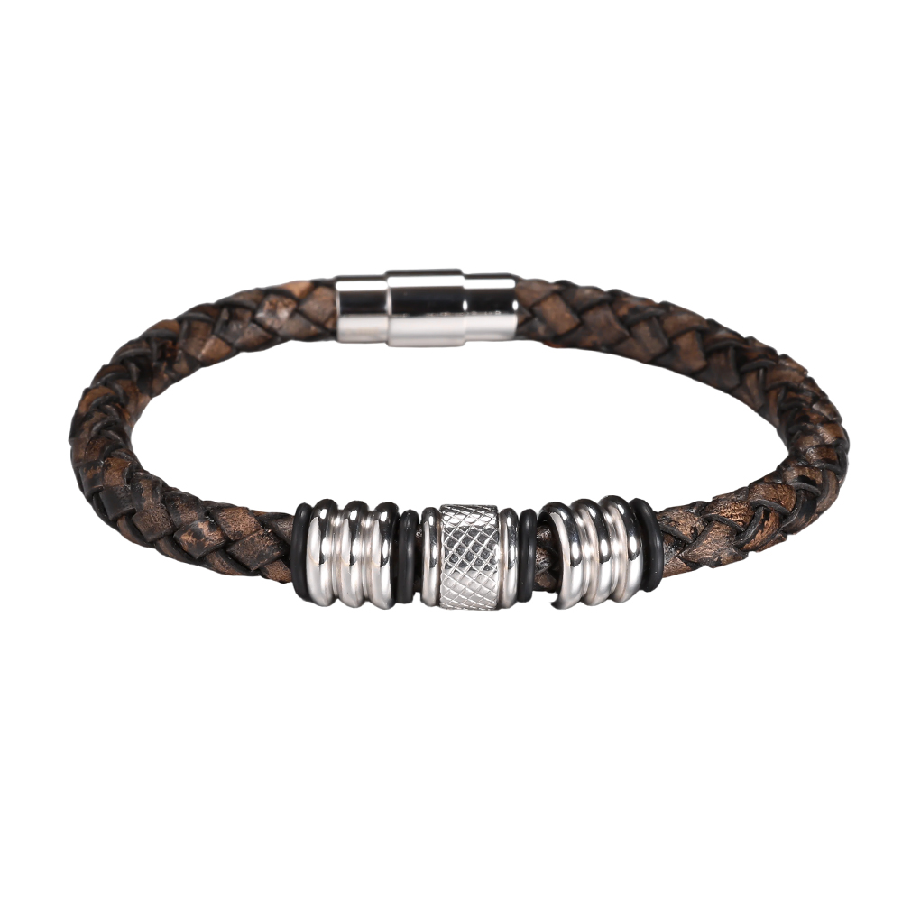  Stainless steel bracelet with PU strap – classic plaited design