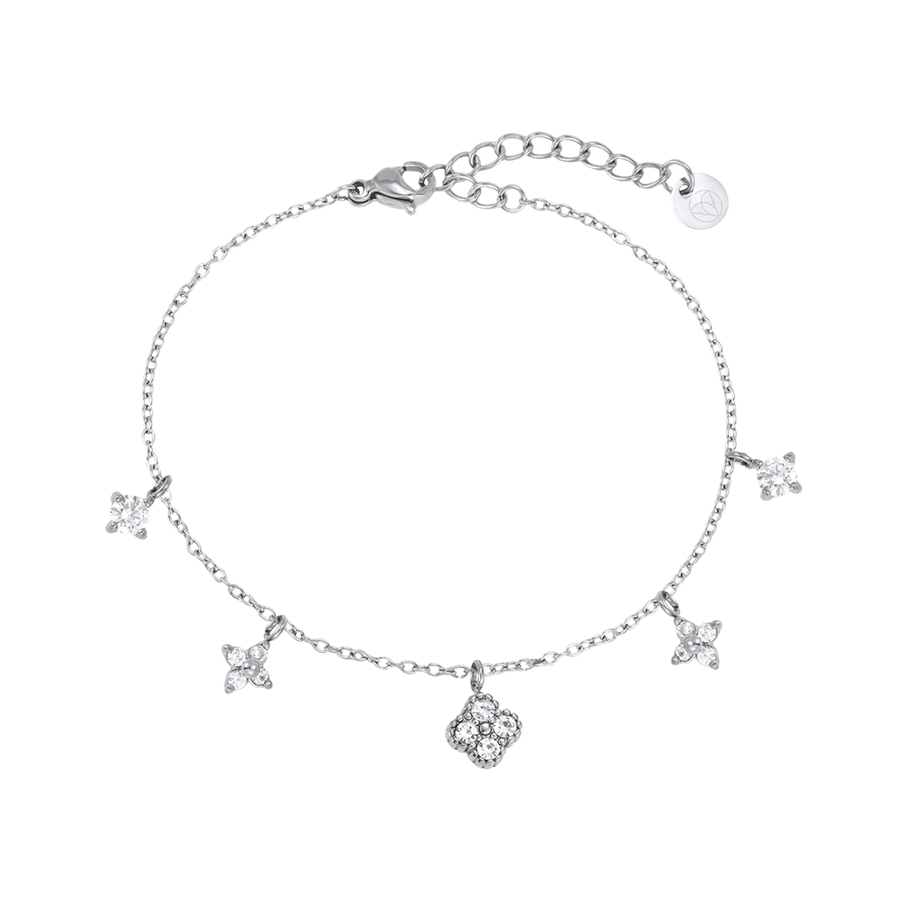Stainless steel bracelet, 17 cm, with various cubic zirconia cloverleaf designs 
