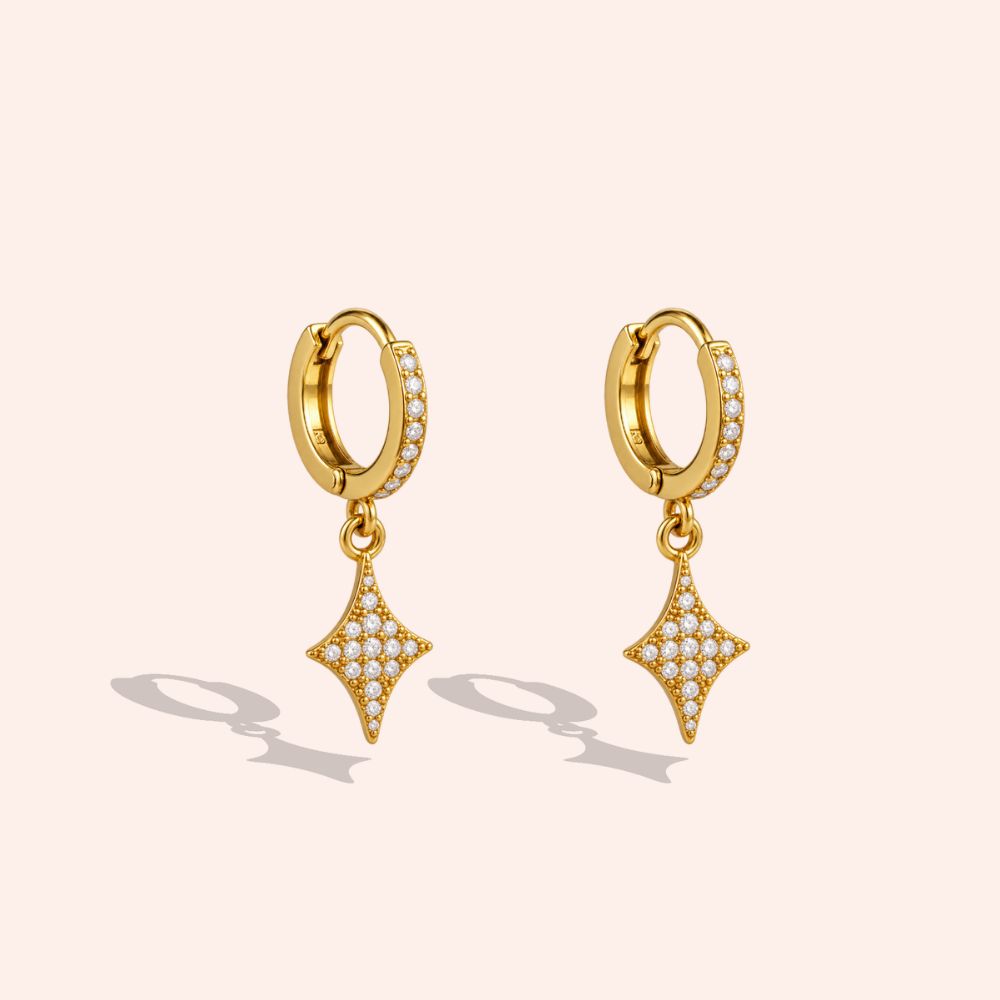 Stainless steel earrings, 27mm, cubic zirconia, four-pointed star