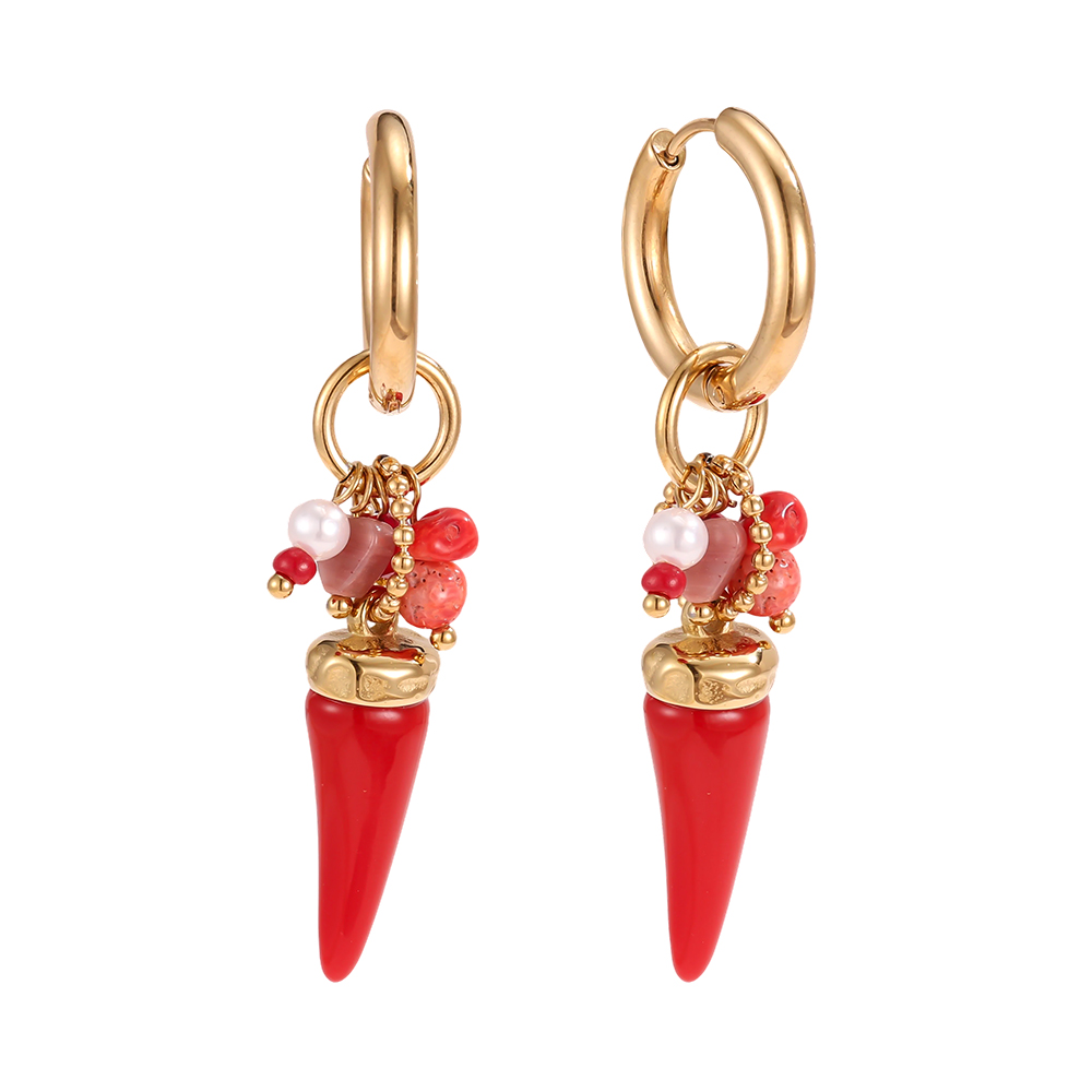 Stainless steel earrings, 56×20 mm, red chilli beads