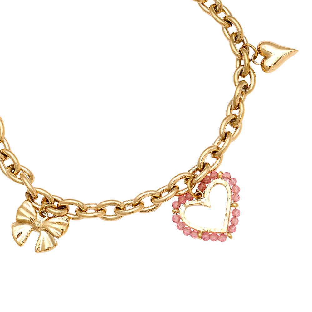 Stainless steel bracelet 17cm Pink Heart And Charms