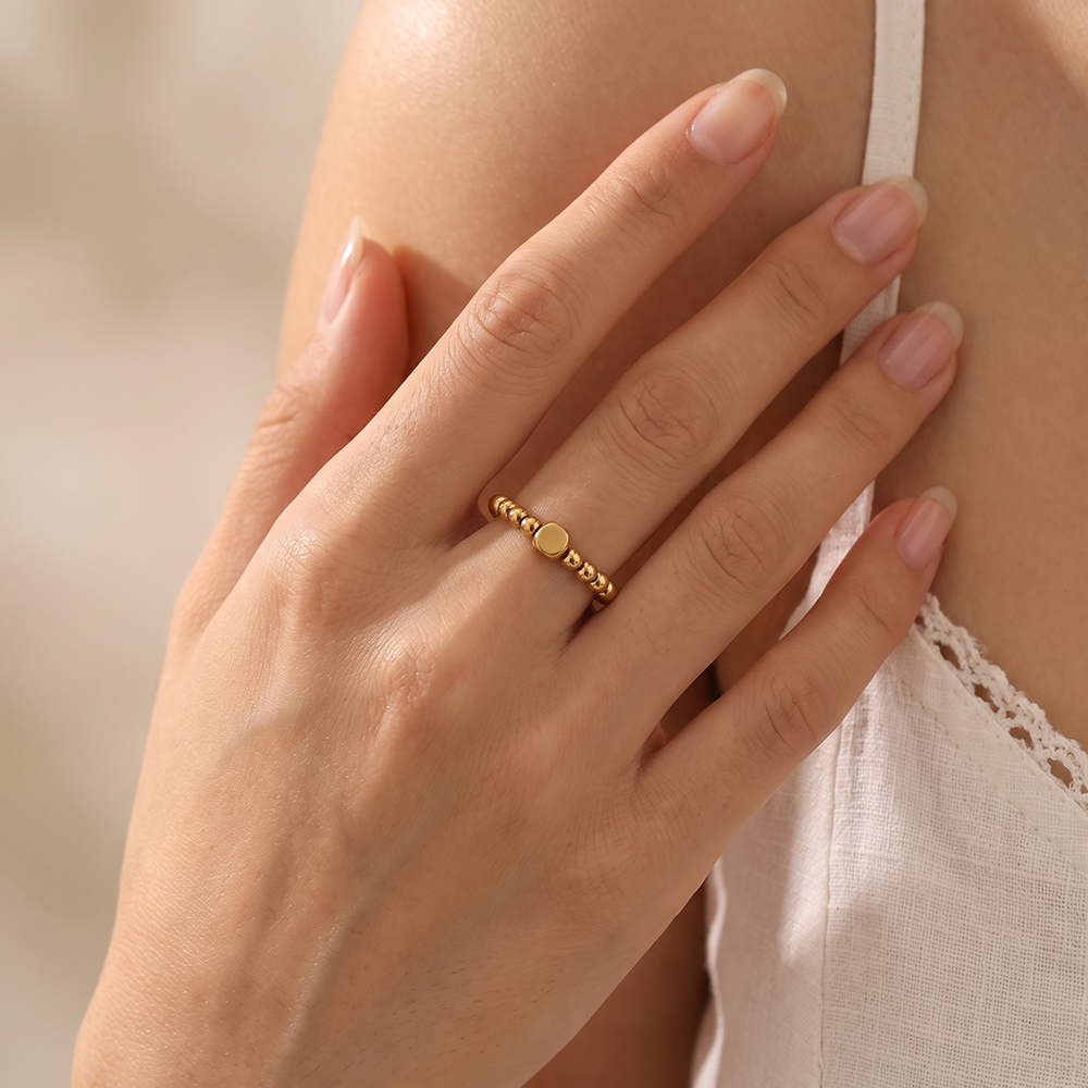 Stainless Steel Ring with Adjustable Elastic Round Beads