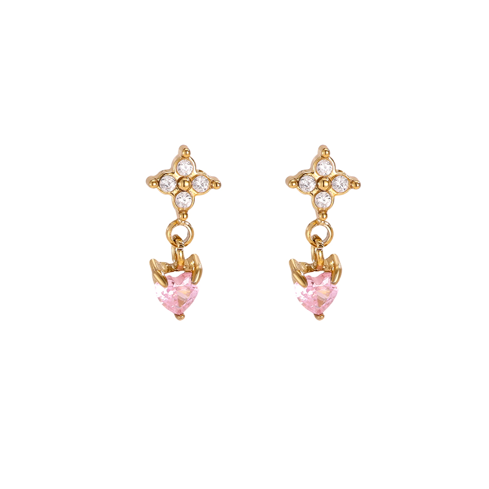 Stainless steel earrings, 11mm, mini cubic zirconia, flower, cloverleaf and heart shapes