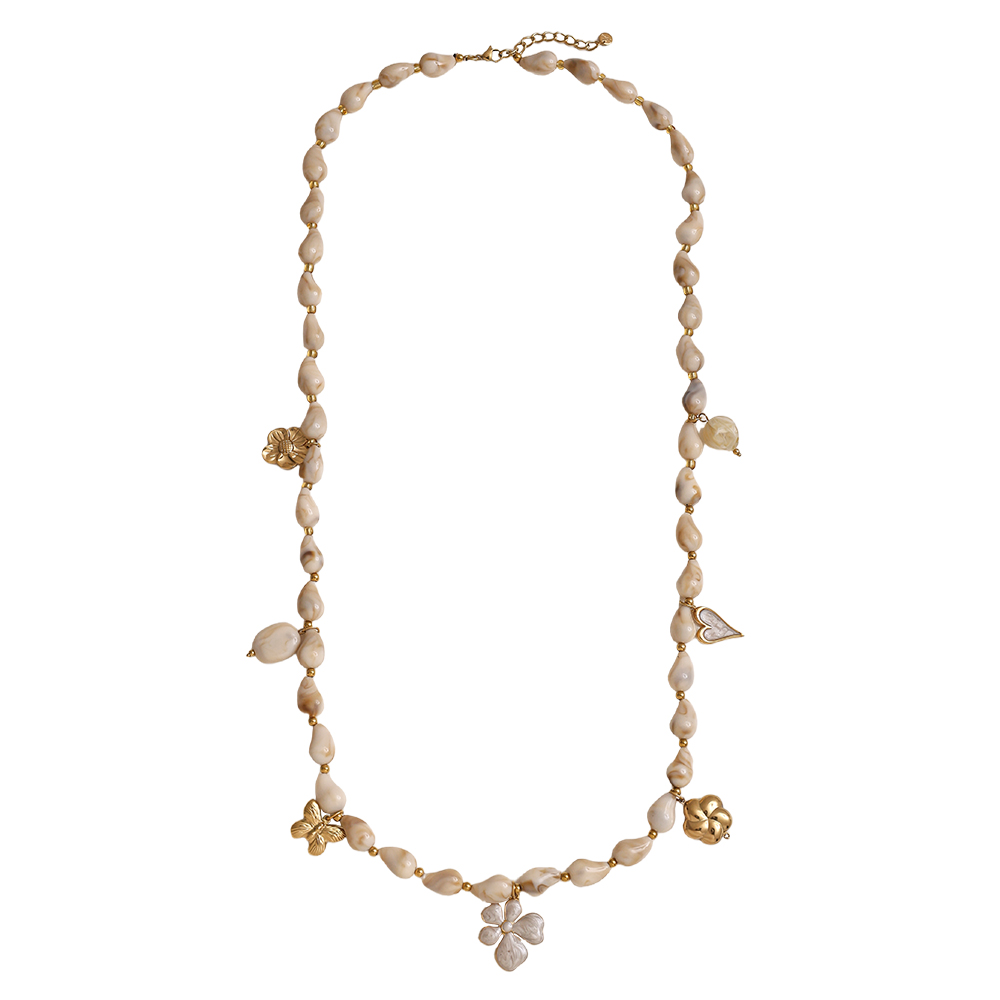 Stainless steel necklace 89cm necklace with resin drops and golden butterfly, flower, heart