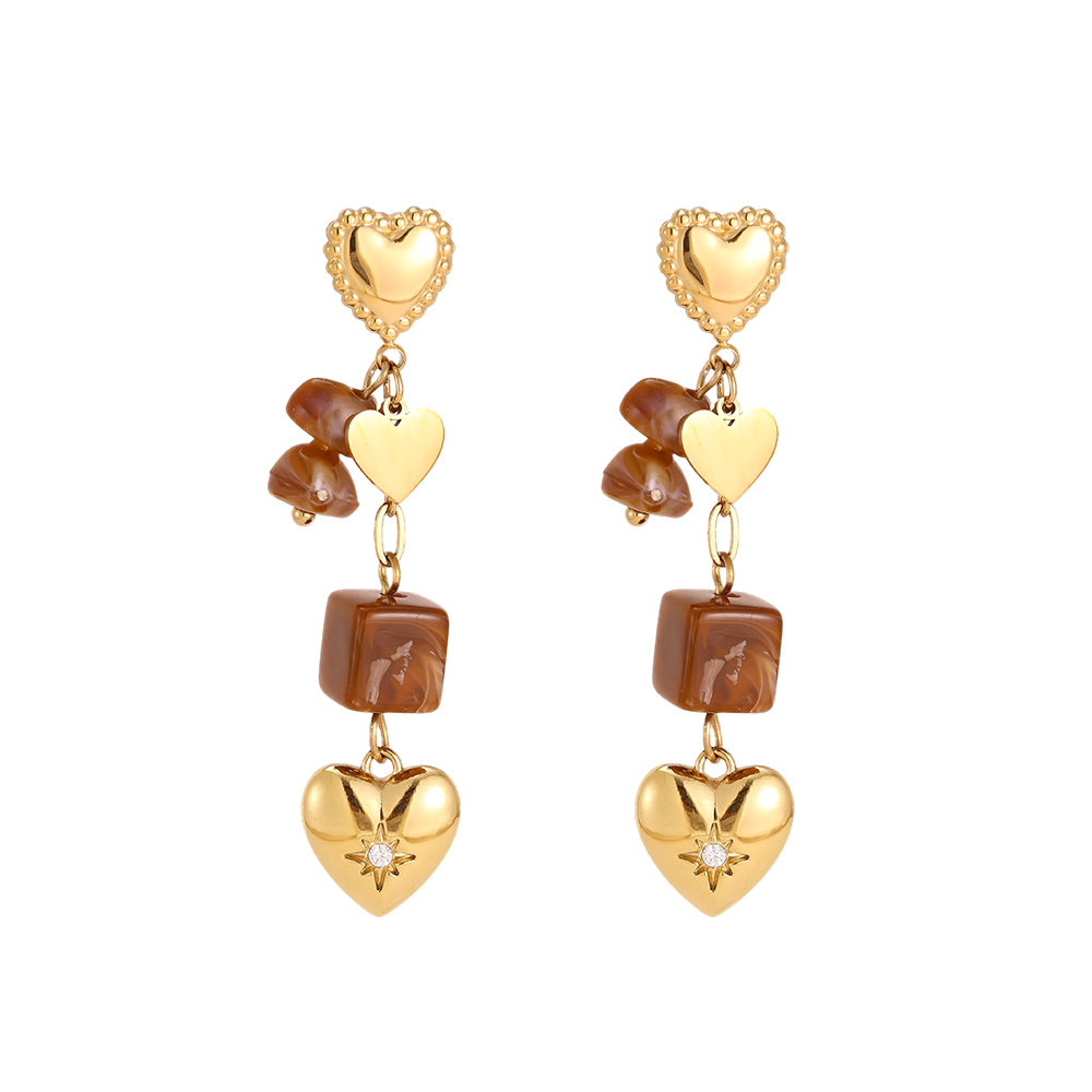 Stainless steel earrings, 53 × 12 mm, with gold hearts and brown decorative details