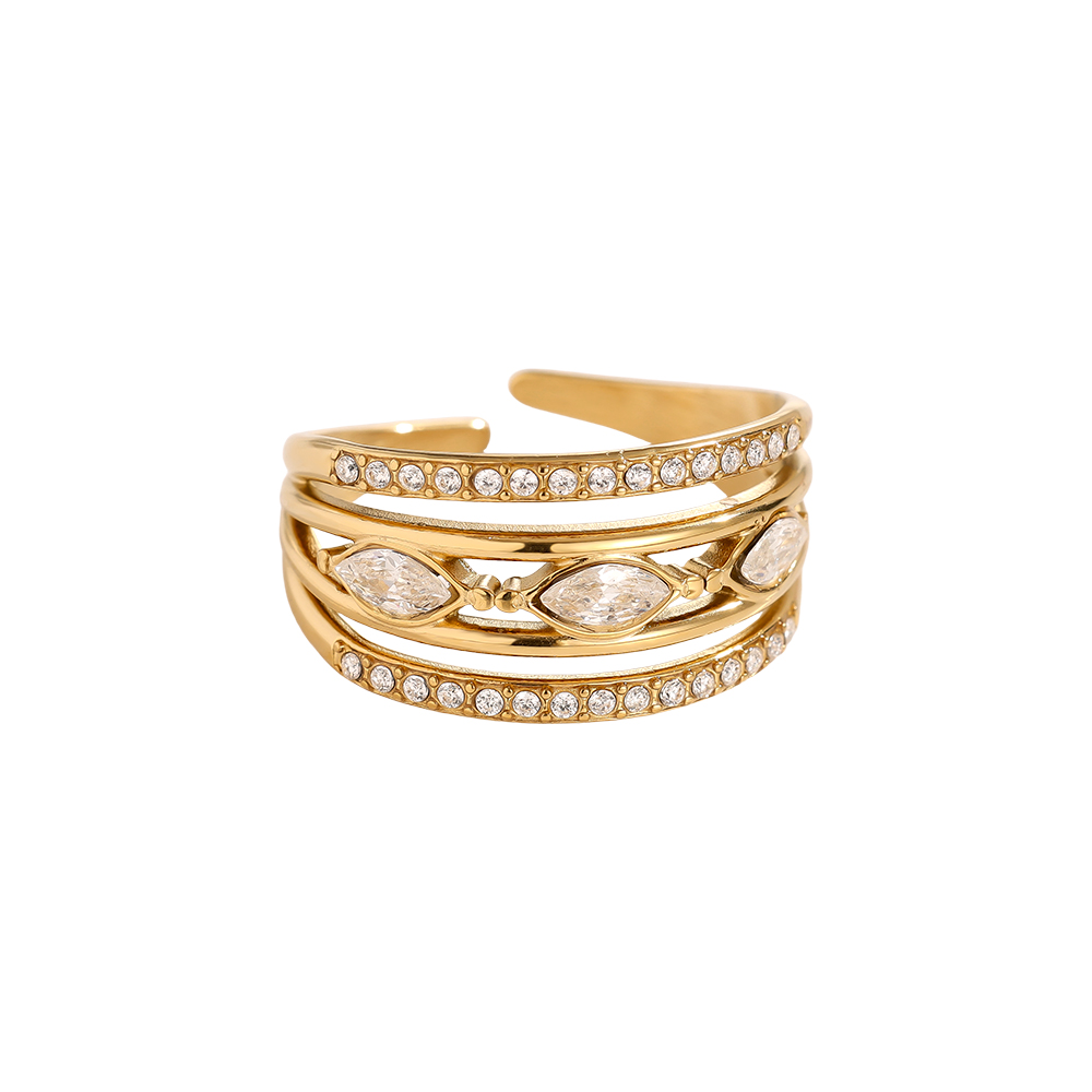 Stainless steel ring, adjustable, three-layered, with some cubic zirconia 