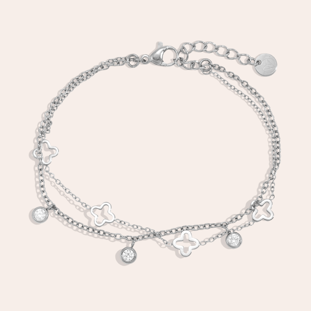 17cm stainless steel bracelet with a double-layered shamrock design featuring cubic zirconia