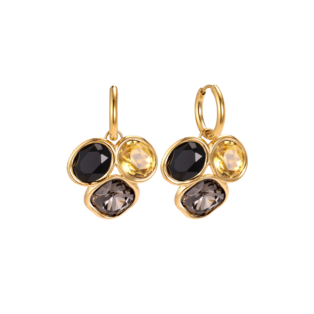 Stainless steel earrings, 35 × 23 mm, with three glass stones in different colours  