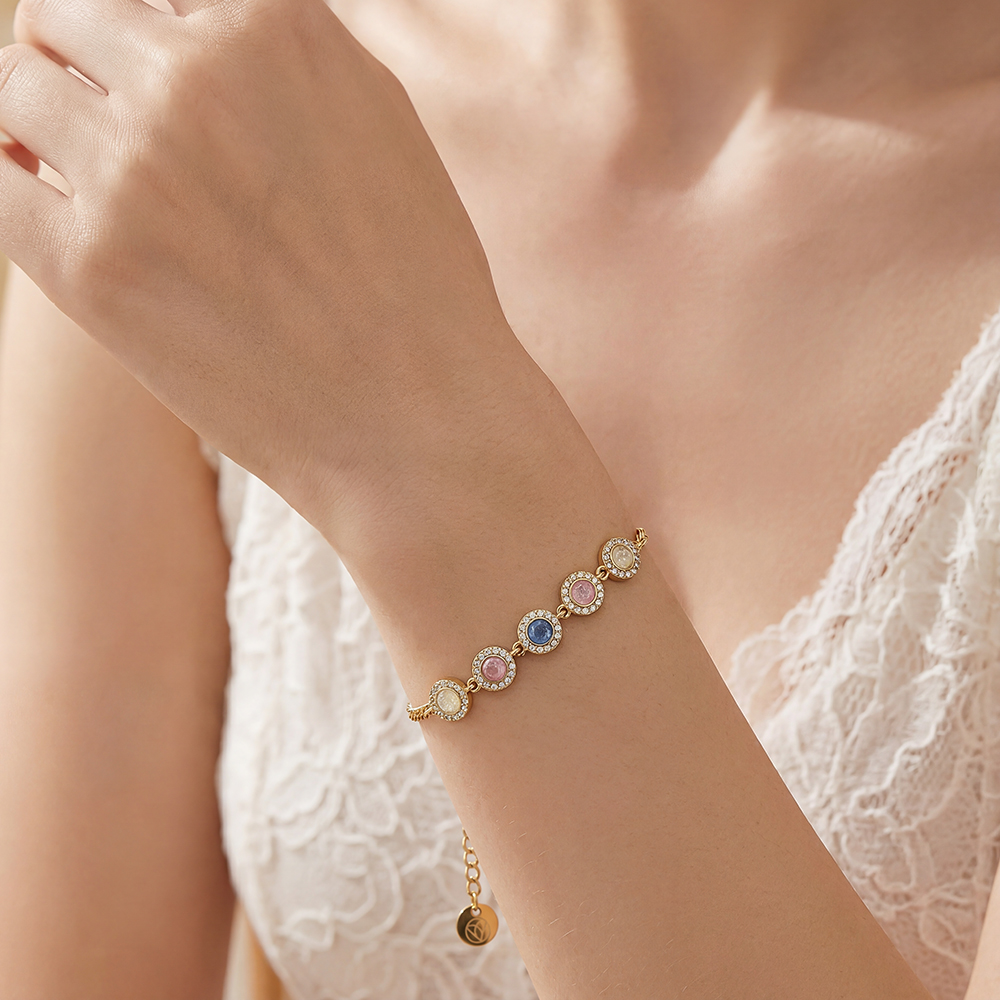 Stainless steel bracelet, 17 cm, with 5 colourful, sparkling cubic zirconia stones  