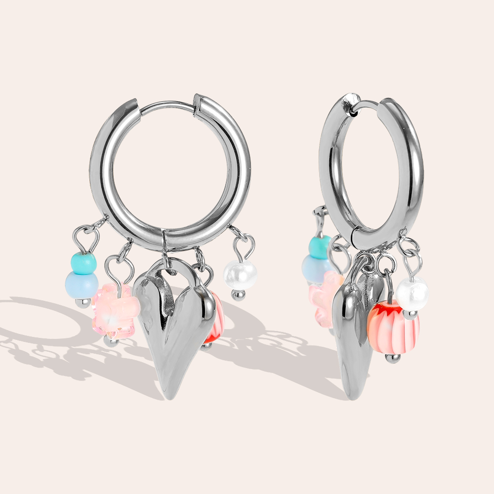 Stainless steel earrings 37*21mm Colourful heart acrylic freshwater pearls