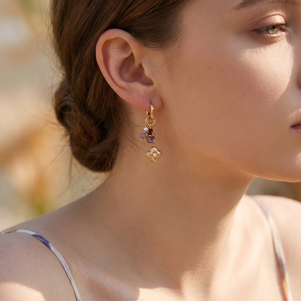 Stainless steel earrings, 42 × 14 mm, gold flower with purple detailing  
