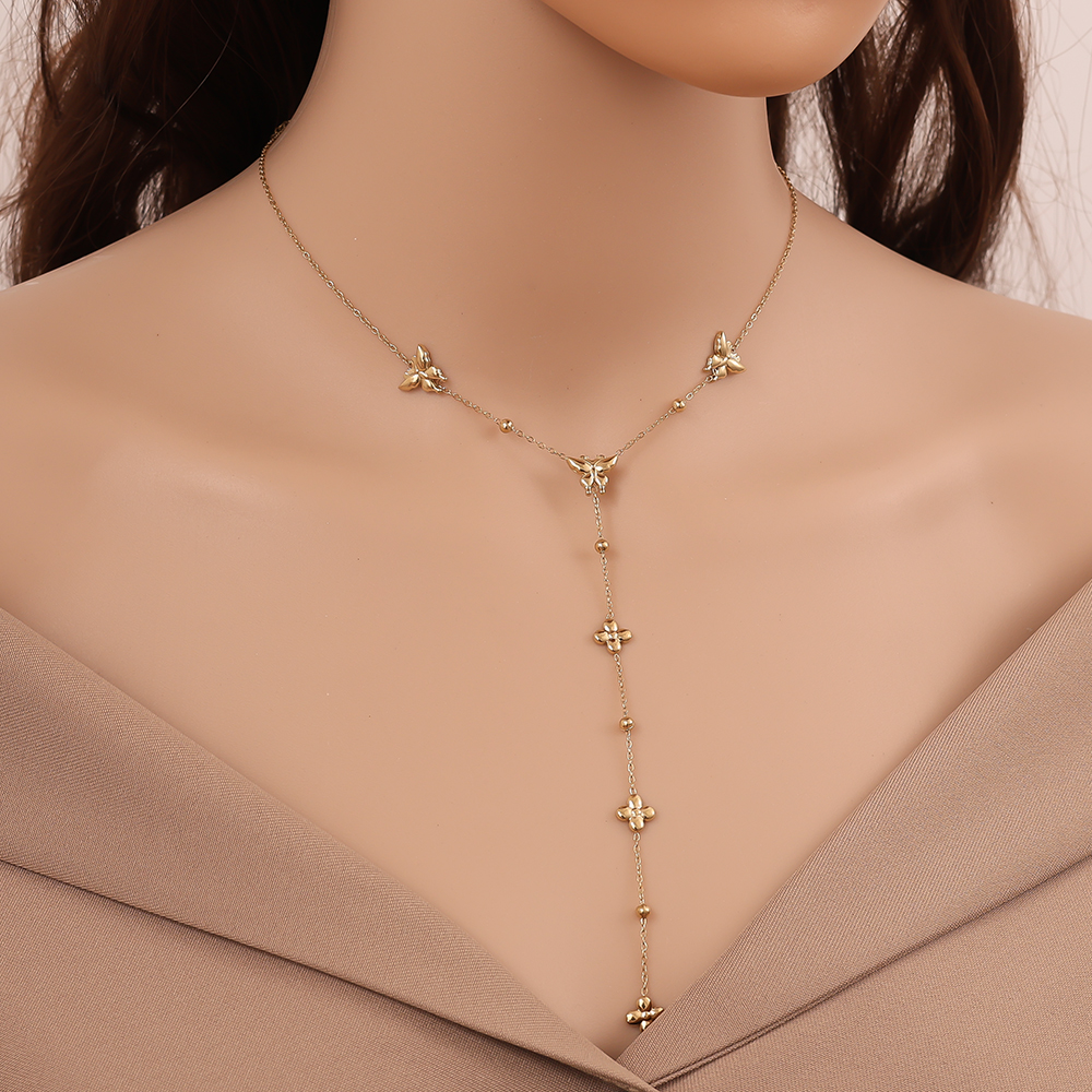 Stainless steel necklace 41cm Y-chain with butterfly and flowers