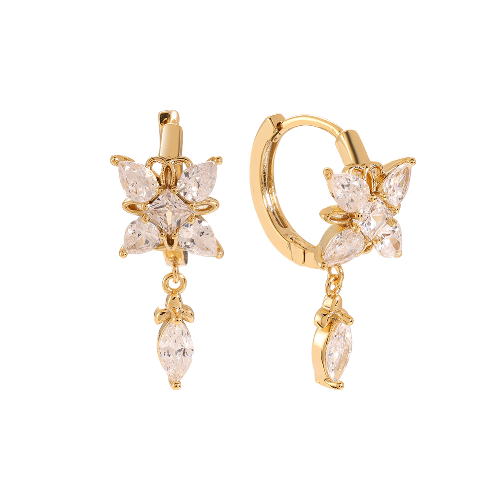 Sparkling Diamond Flower With Drop Eye Gold-plated Earrings    