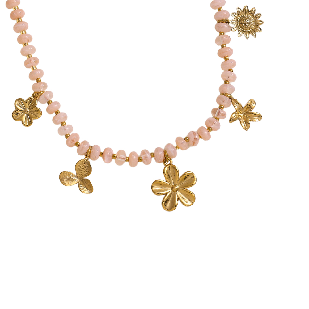 Stainless steel necklace 47cm small acrylic beads and golden flowers