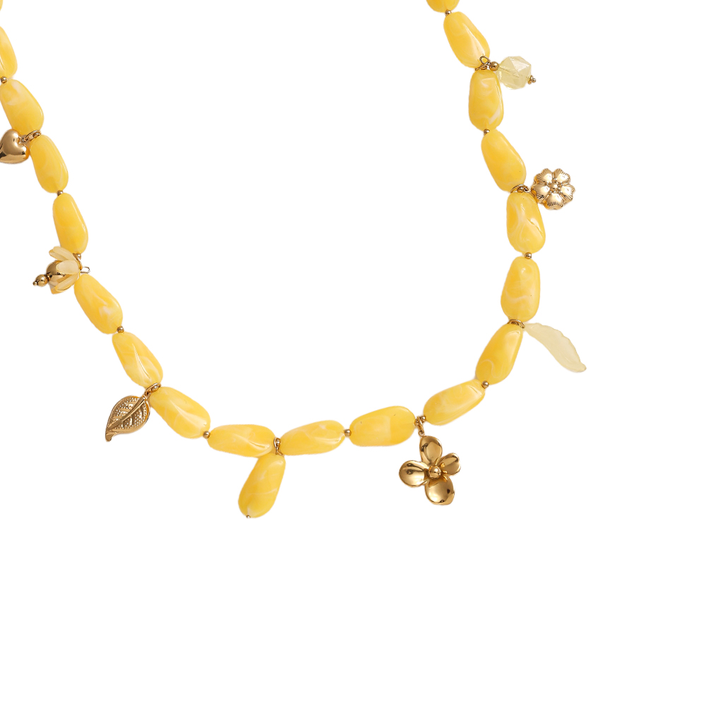 Stainless steel necklace 90cm elongated acrylic pieces and golden flowers
