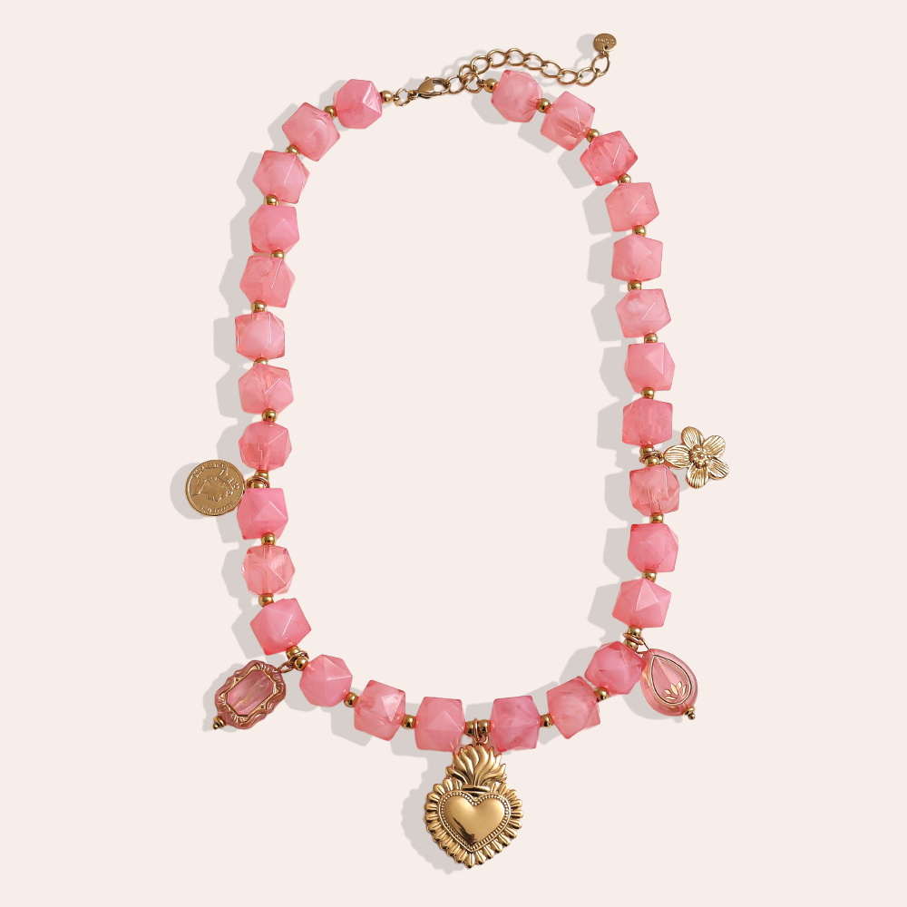 Stainless steel necklace 45cm chain with small acrylic cubes and golden flower, heart