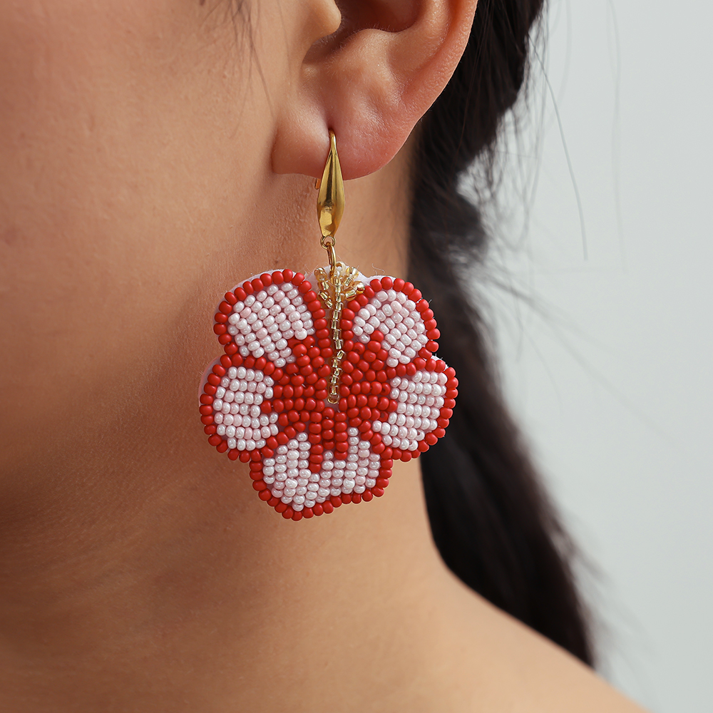 Stainless steel earrings 65mm red beads flowers