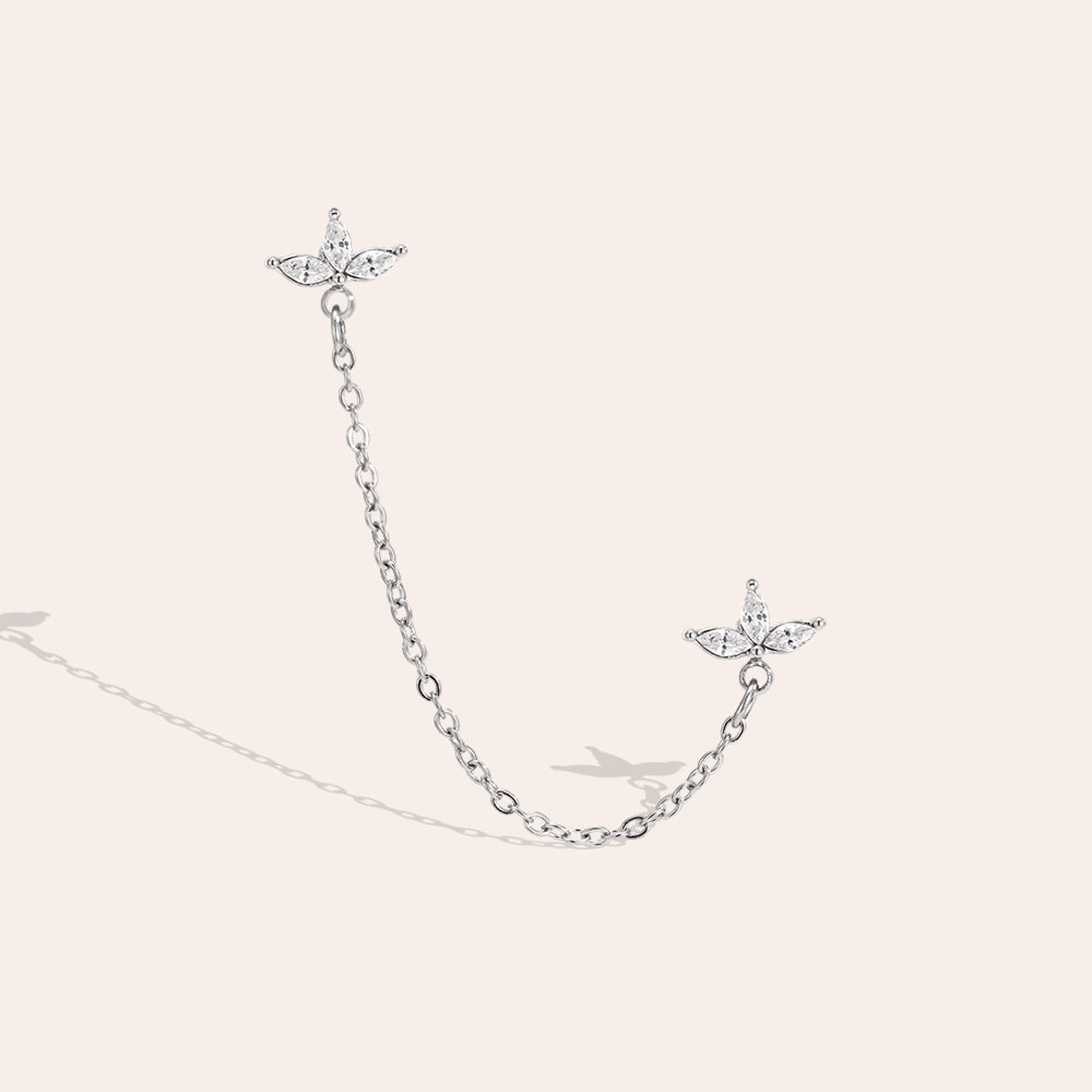 Stainless steel earrings, 60mm leaf-shaped cubic zirconia with chain  