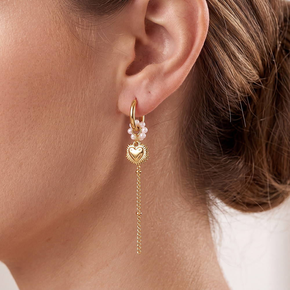 Stainless steel earrings, 59×14 mm, heart and pearl hoop earrings