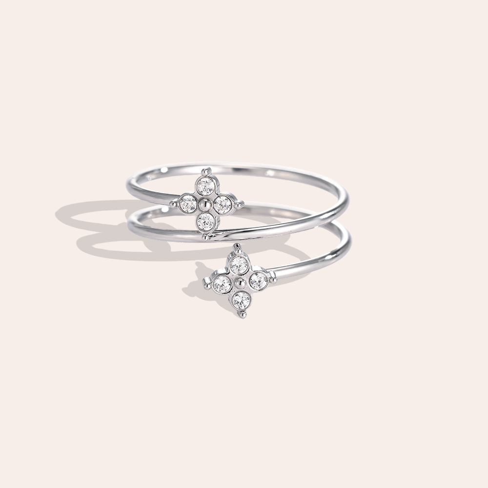 Stainless Steel Ring, Adjustable, Double Cloverleaf, Zirconia, Multi-row