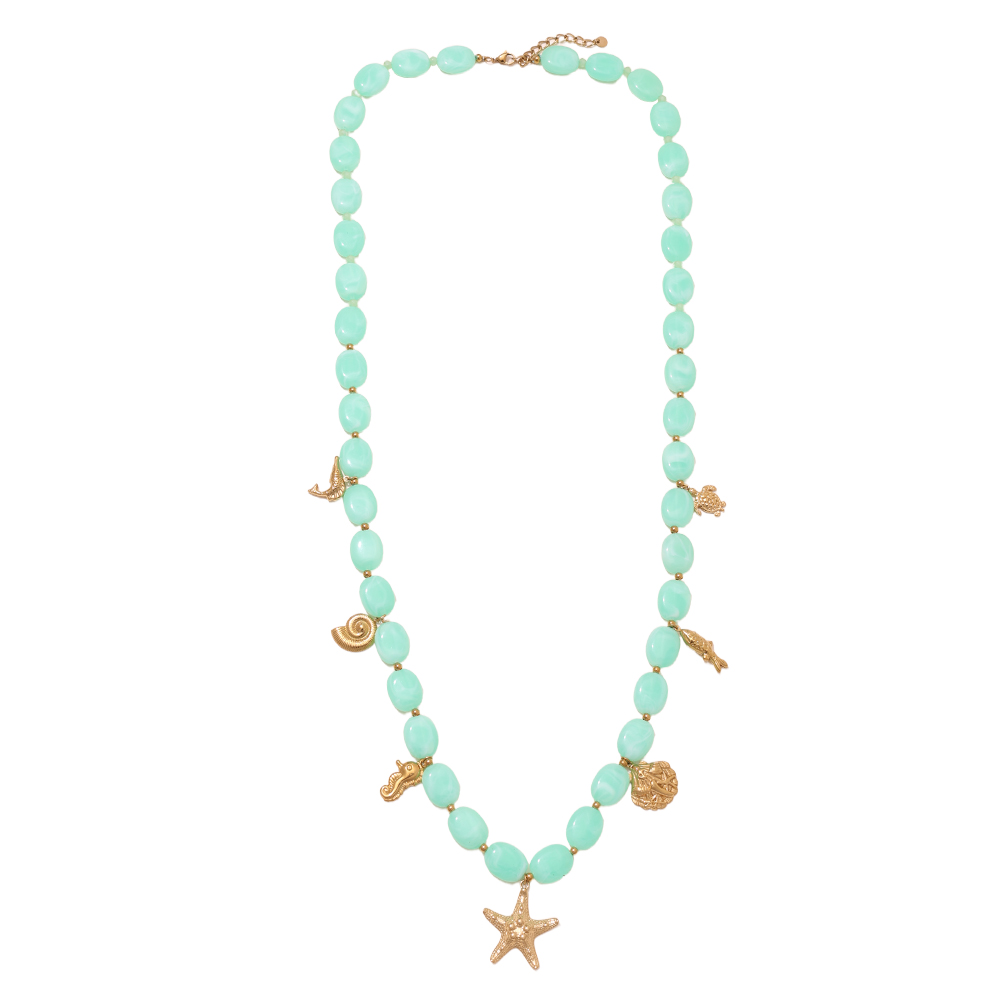 Stainless steel necklace 94cm acrylic ball and golden sea creatures 