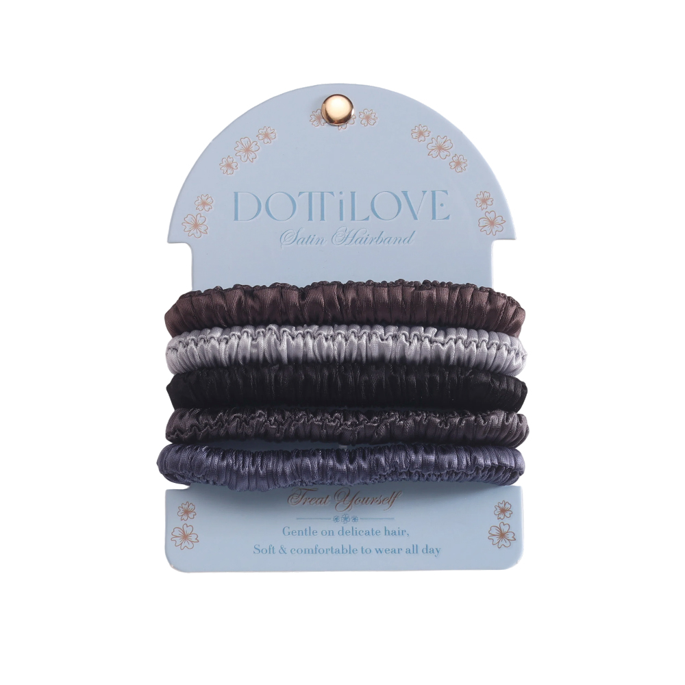 Set of 5 black pastel-coloured fine satin scrunchies    