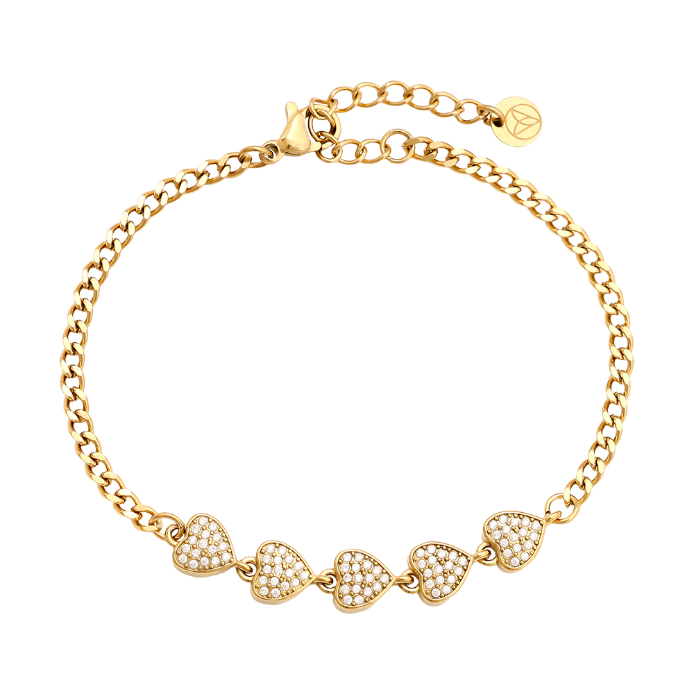 Stainless steel bracelet, 16 cm, with 5 zirconia hearts