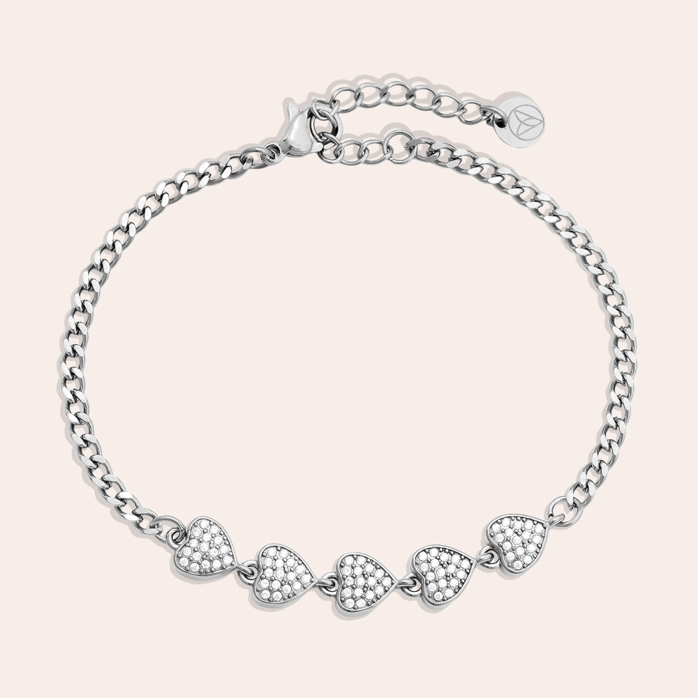 Stainless steel bracelet, 16 cm, with 5 zirconia hearts