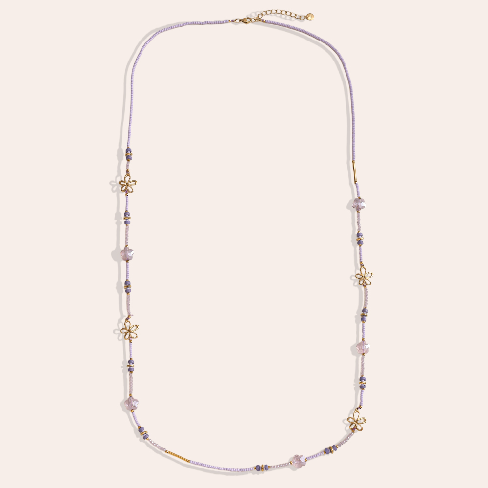 Stainless steel necklace 94cm small resin bead necklace with golden flowers