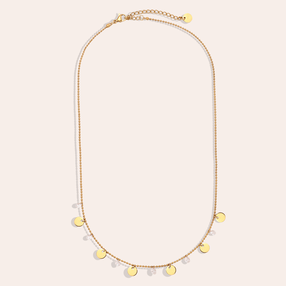 Stainless steel necklace, 40 cm, with gold-coloured discs and cubic zirconia
