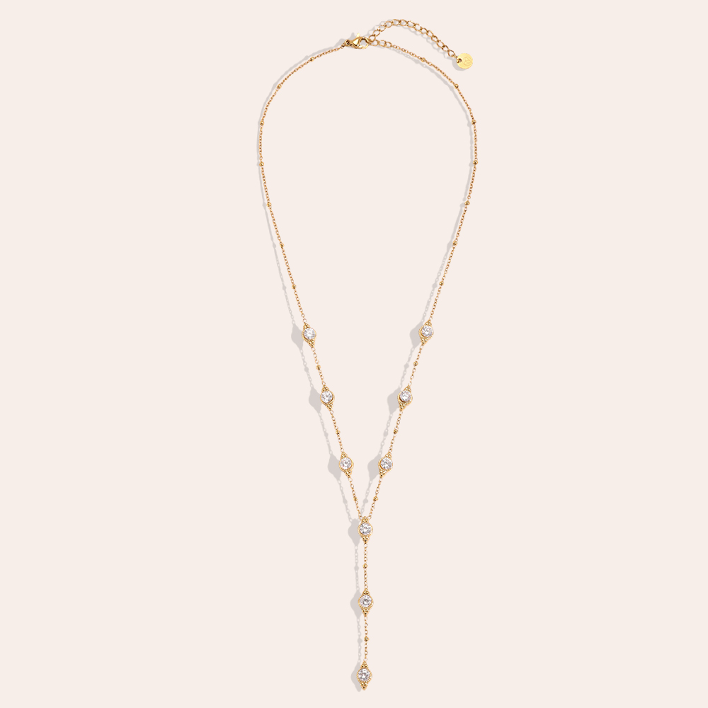 Stainless steel necklace, 41 cm, with several sparkling round cubic zirconia stones