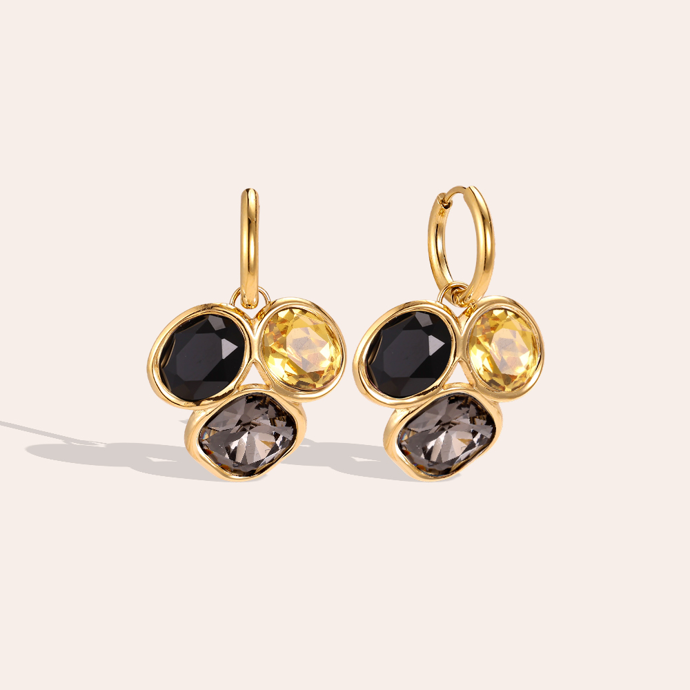 Stainless steel earrings, 35 × 23 mm, with three glass stones in different colours  