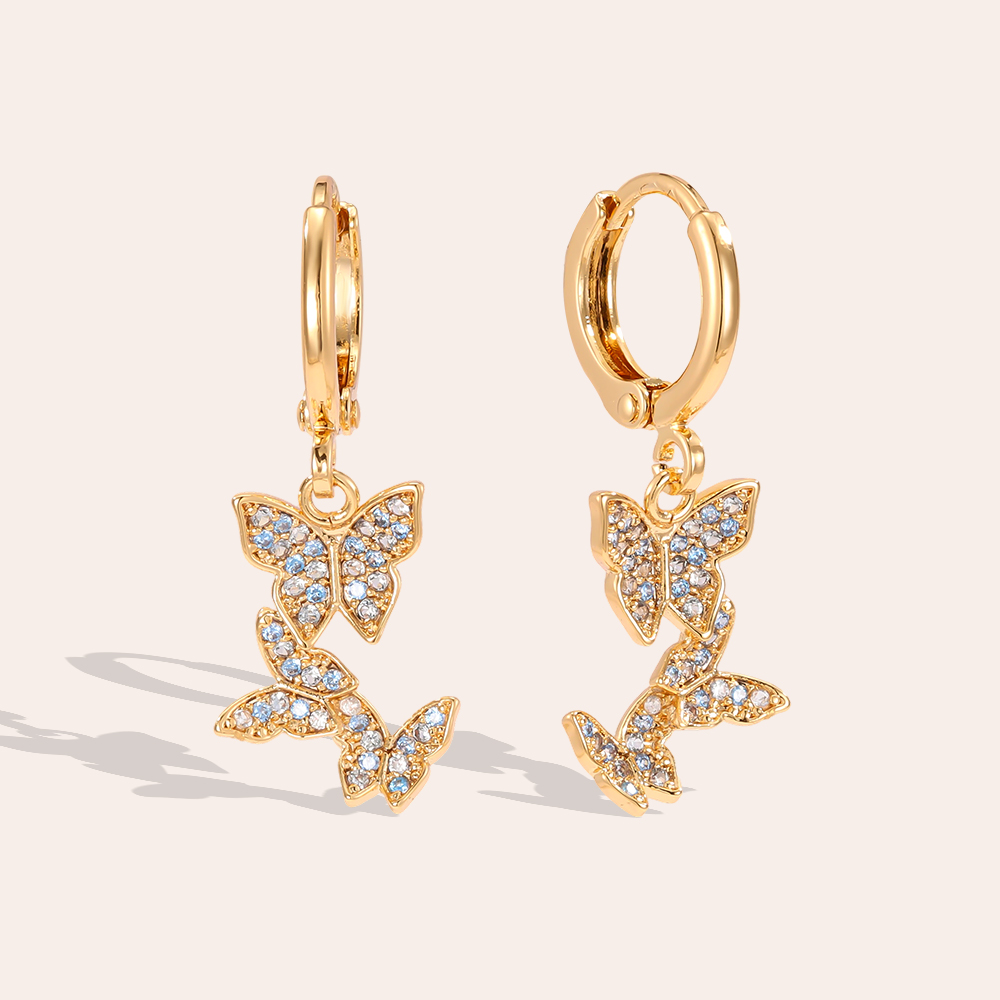 Gold-plated earrings 29mm three zirconia butterflies