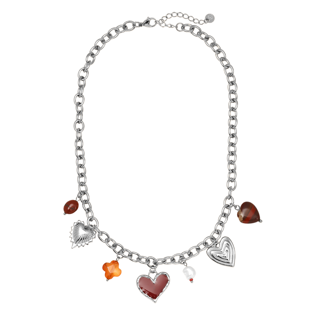 Stainless steel necklace 40cm Red Heart And Charms