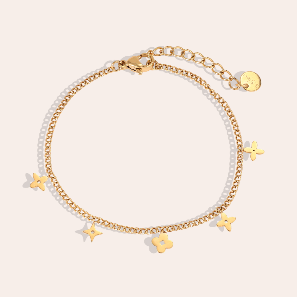 Stainless steel bracelet, 15 cm, featuring various four-leaf clovers